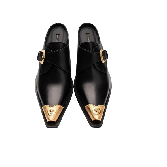 Versace Black Gold Leather Mules Heels Medusa Bucklel Women's 39.5 EU New - Picture 3 of 10